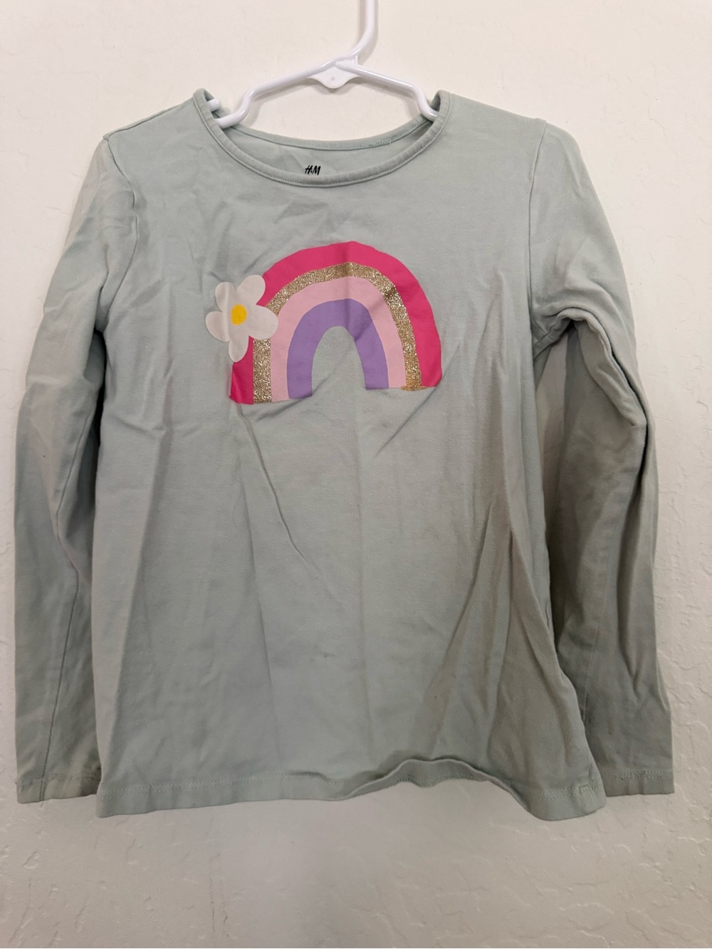 H&M Sage Green Long-Sleeve Top with Pink, Purple & Gold Rainbow